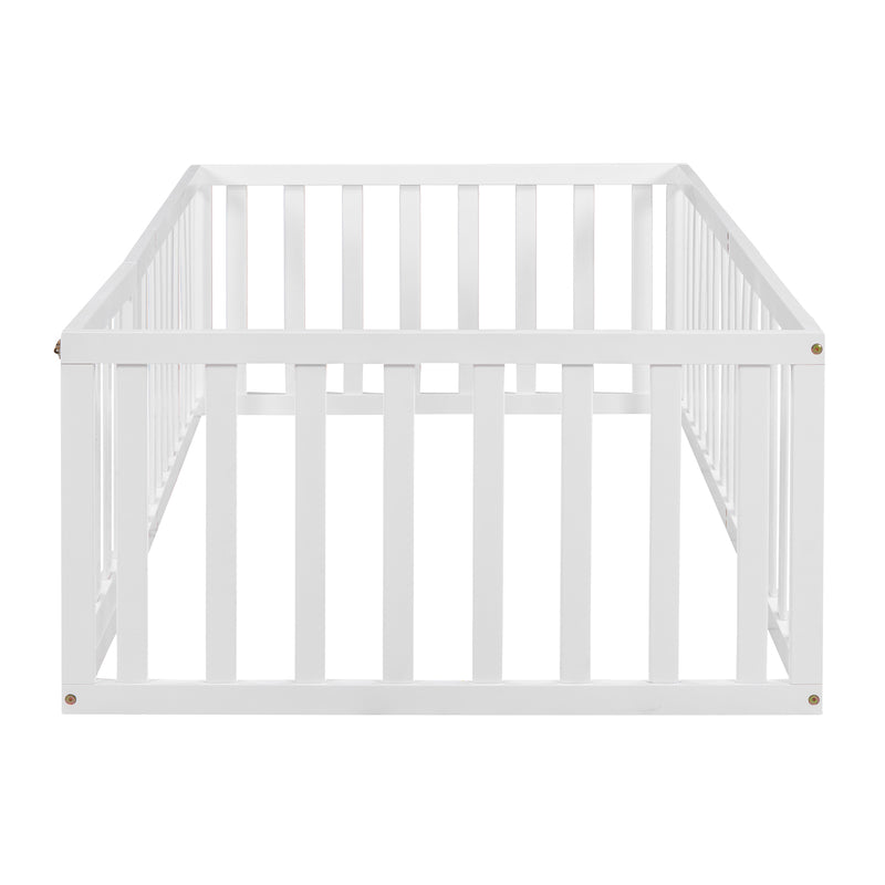 Twin Size Wood Floor Bed Frame with Fence and Door, White(OLD SKU :WF289661AAK)