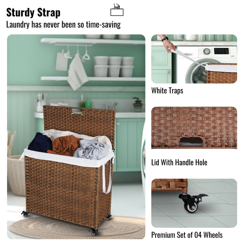 Laundry Hamper With Lid PE Rattan Powder Coating Frame Clothes Hampers With 2 Removable Bags