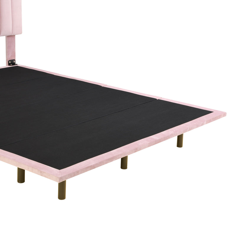 Queen Size Upholstered Bed With Sensor Light And Headboard, Floating Velvet Platform Bed - Pink