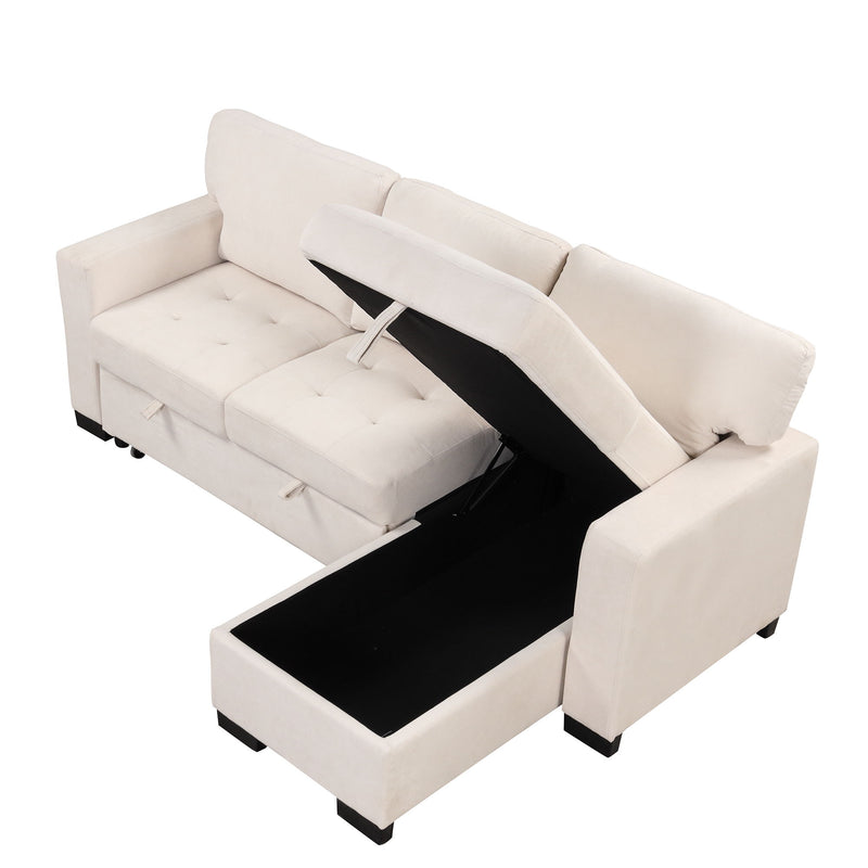 Stylish And Functional Light Chaise Lounge Sectional With Storage Rack Pull-Out Bed Drop Down Table And USB Charger