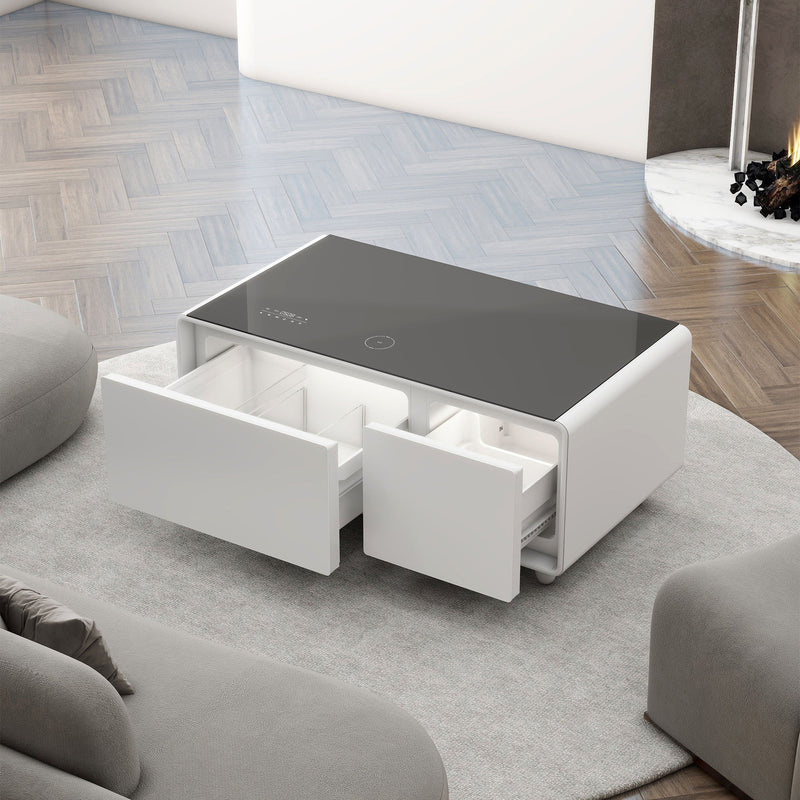 Modern Smart Coffee Table With Built-In Fridge, Bluetooth Speaker, Wireless Charging, Touch Control Panel, USB Ports, Outlet Protection, Atmosphere Light - White