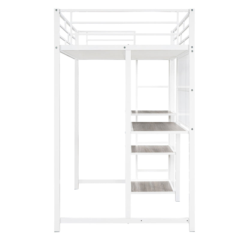 Twin Size Loft Bed With Desk And Whiteboard, Metal Loft Bed With 3 Shelves And Ladder - White