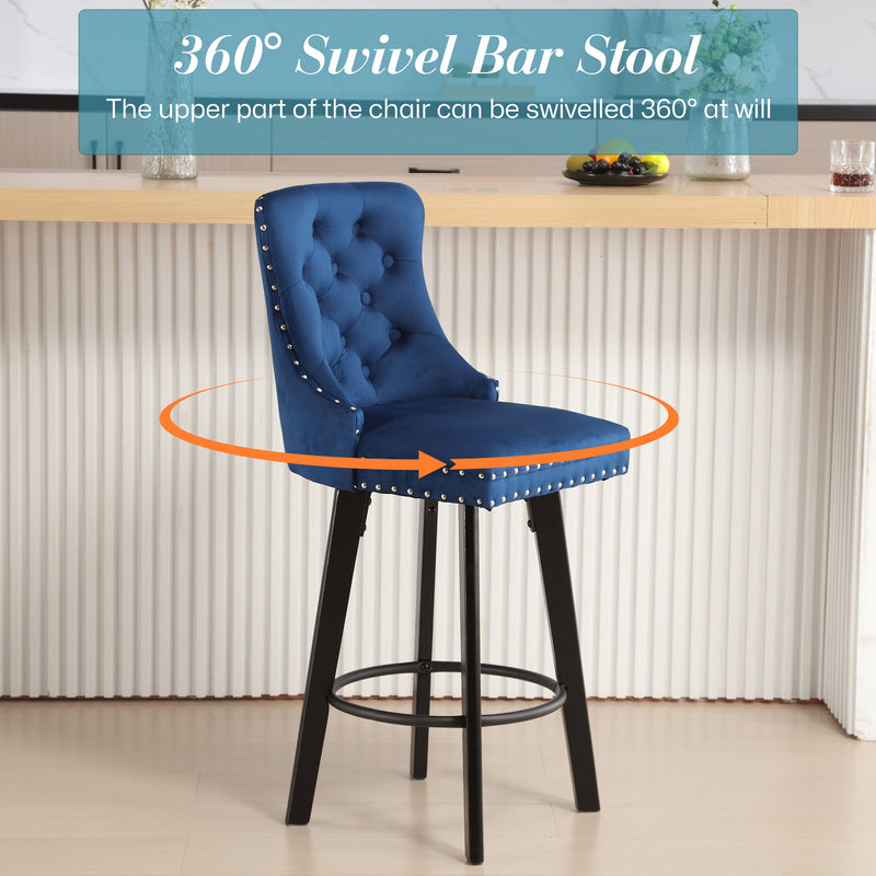 Ys - Modern Swivel Bar Stools Velvet Barstools Button Tufted Bar Stools Rivet Trim Bar Stools For Kitchen Island, Bistro, With Metal Pull Ring Sturdy Footrest Large Backrest For Home Bar - Blue