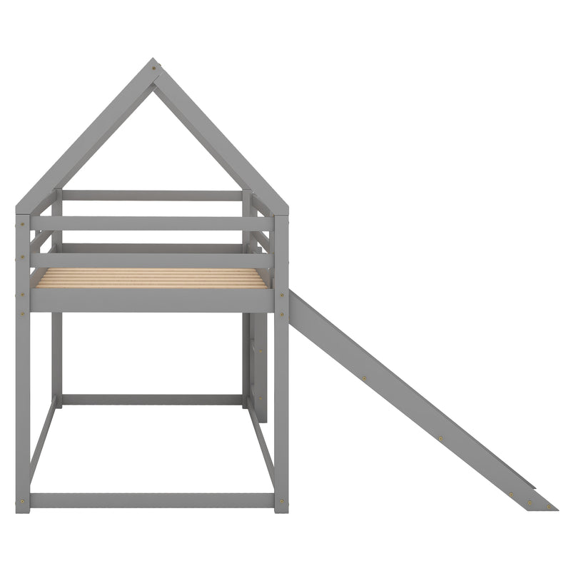 Twin Size Bunk House Bed with Slide and Ladder,Gray