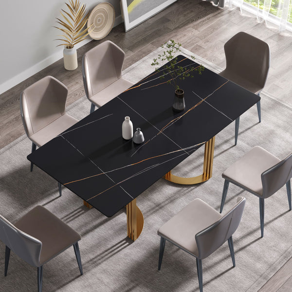 70.87" Modern Artificial Stone Straight Edge Metal Leg Dining Table, Can Accommodate 6-8 People - Black / Gold