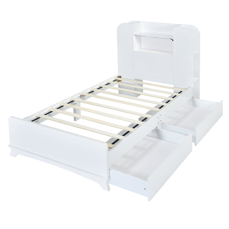 Twin Size Storage Platform Bed Frame with with Two Drawers and Light Strip Design in Headboard,White