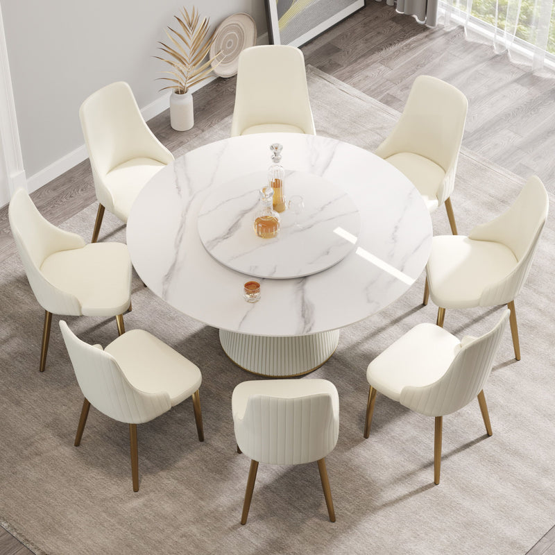 Modern Artificial Stone Round Plywood PU Base Dining Table, Can Accommodate 8 People, Artificial Stone Turntable (Not Including Chairs) - White / Beige