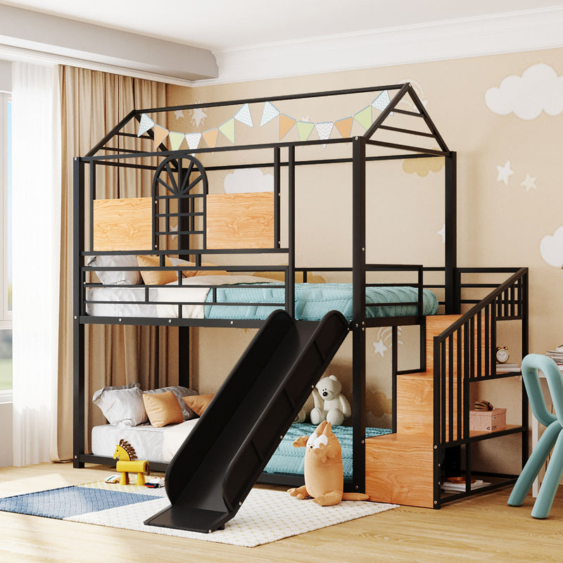 Twin Over Twin Metal Bunk Bed, Metal Housebed with Slide and Storage Stair, Black with Black Slide