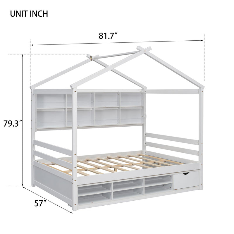 Full House Bed With Roof Frame, Bedside-Shelves, Under Bed Storage Unit - White