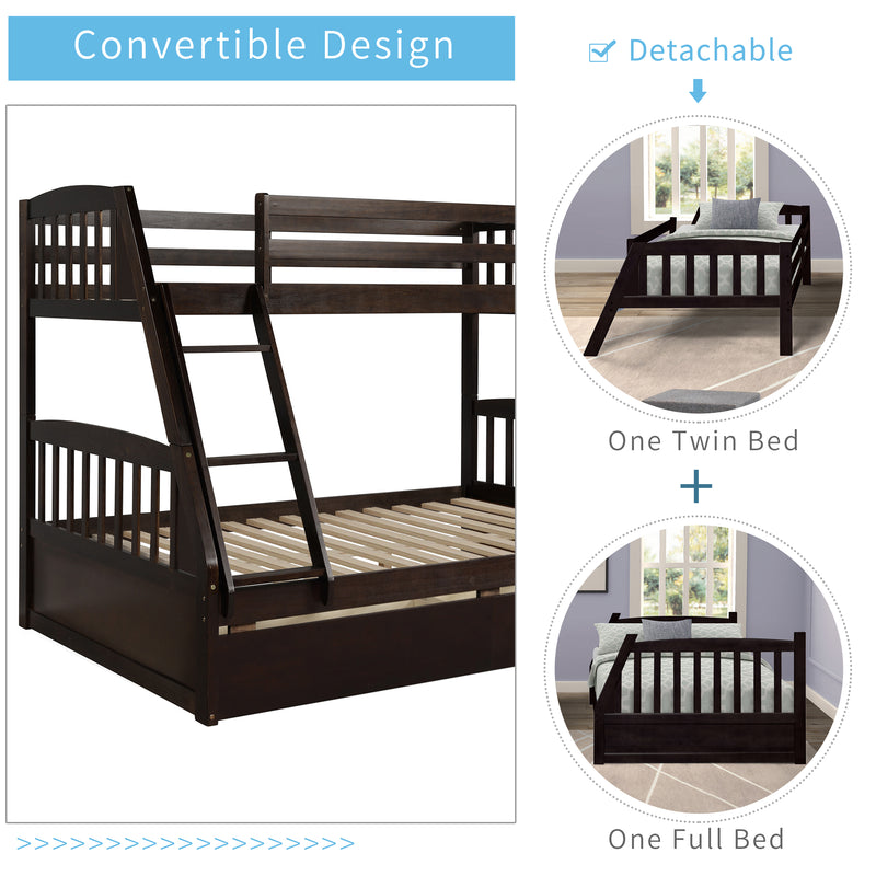 TOPMAX Solid Wood Twin Over Full Bunk Bed with Two Storage Drawers, Espresso