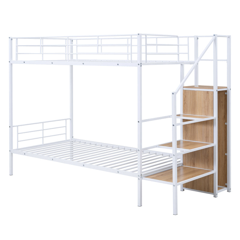 Twin Over Twin Metal Bunk Bed with Lateral Storage Ladder and Wardrobe, White