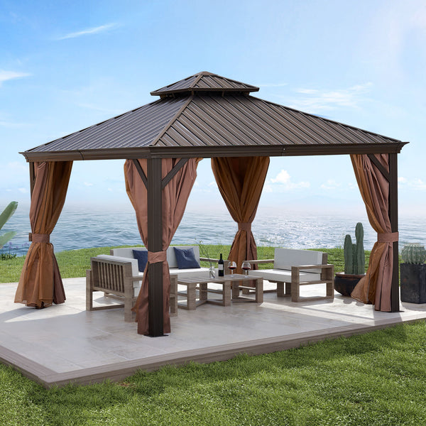 12x12Ft Patic Gazebo, Alu Gazebo With Steel Canopy, Outdoor Permanent Hardtop Gazebo Canopy For Patio, Garden, Backyard - Bronze