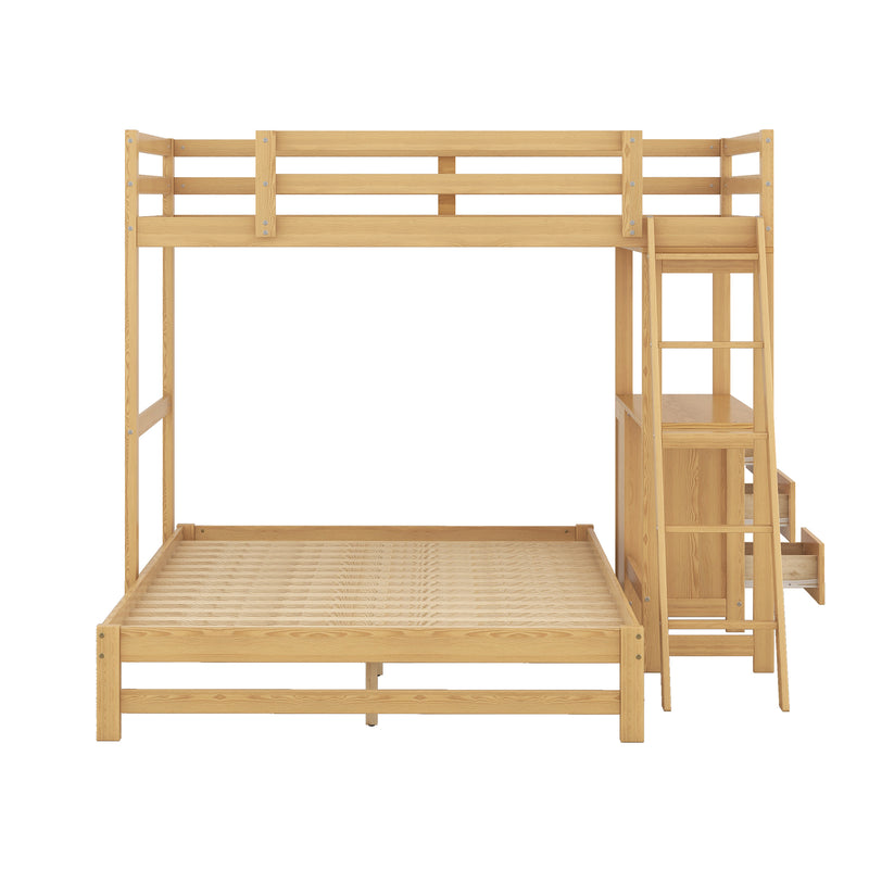 Twin over Full Bunk Bed with Built-in Desk and Three Drawers,Natural