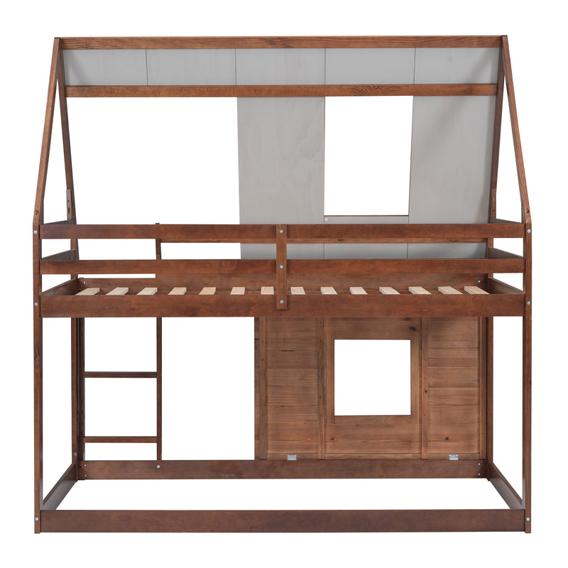 Wood Twin Size House Bunk Bed with Roof, Ladder and 2 Windows, Oak & Smoky Grey