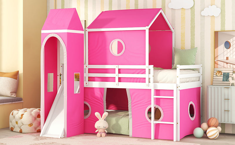 Twin Size Bunk Bed with Slide Pink Tent and Tower - Pink