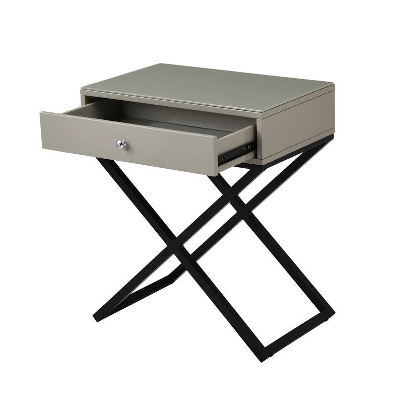 Koda - Wooden End Side Table Nightstand With Glass Top, Drawer And Metal Cross Base