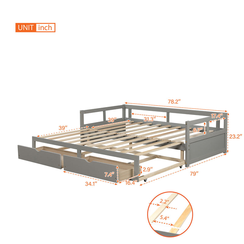 Wooden Daybed With Trundle Bed And Two Storage Drawers, Extendable Bed Daybed, Sofa Bed For Bedroom Living Room - Gray