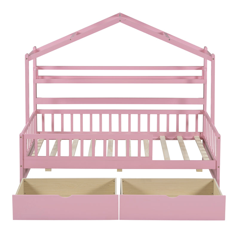 Wooden Twin Size House Bed with 2 Drawers,Kids Bed with Storage Shelf, Pink