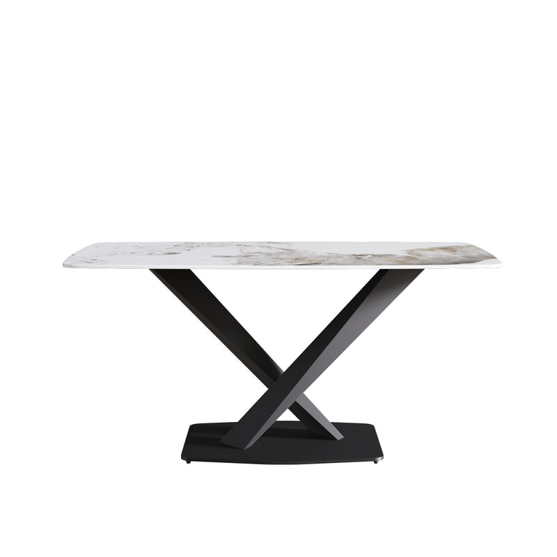 Modern Artificial Stone Pandora White Curved Metal Leg Dining Table, 6 People - Antique White