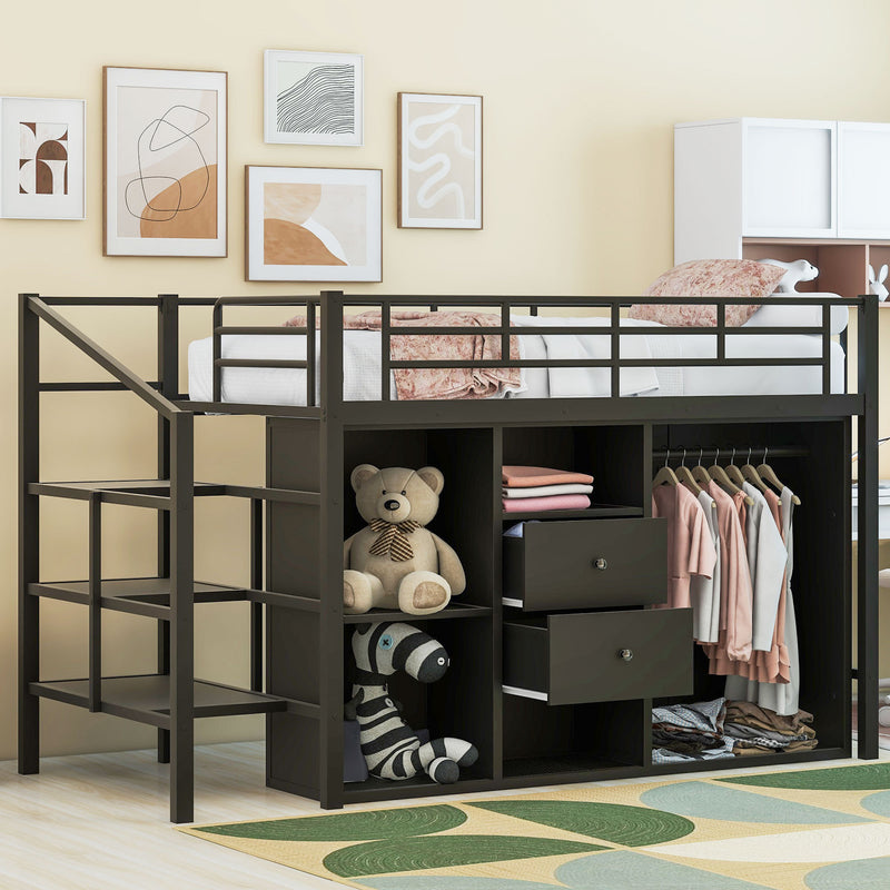 Twin Size Metal Loft Bed with Drawers, Storage Staircase and Small Wardrobe