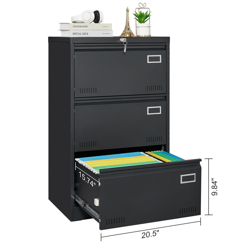 Filing Cabinet Lateral File Cabinet 3 Drawer, Blcak Locking Metal File Cabinets Three Drawer, Office Filing Cabinet With Lock Drawers For Home Office - Black