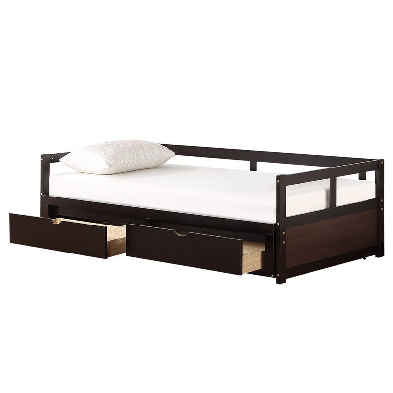 Wooden Daybed With Trundle Bed And Two Storage Drawers, Extendable Bed Daybed, Sofa Bed For Bedroom Living Room - Espresso