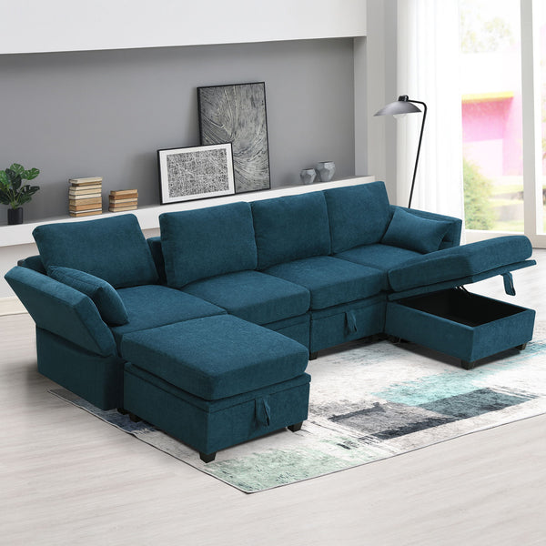 Chenille Modular Sectional Sofa, U Shaped Couch With Adjustable Armrests And Backrests, 6 Seat Reversible Sofa Bed With Storage Seats For Living Room, Apartment