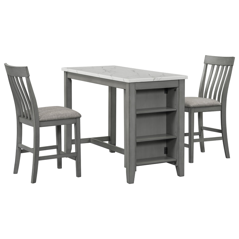 3-Piece Counter Height Dining Table Set With Built-In Storage Shelves, One Faux Marble Top Dining Table And 2 Counter Chairs With Footrest - Gray