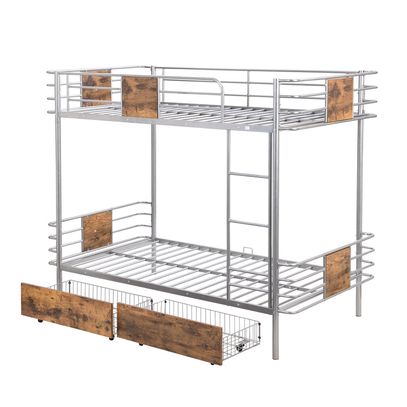 Twin XL over Twin XL Metal Bunk Bed with MDF Board Guardrail and Two Storage Drawers,Silver