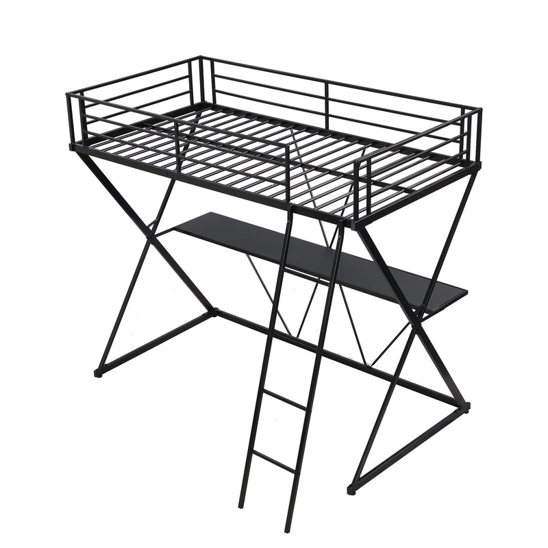 Twin Size Loft Bed with Desk, Ladder and Full-Length Guardrails, X-Shaped Frame, Black(Old SKU: MF297073AAB)