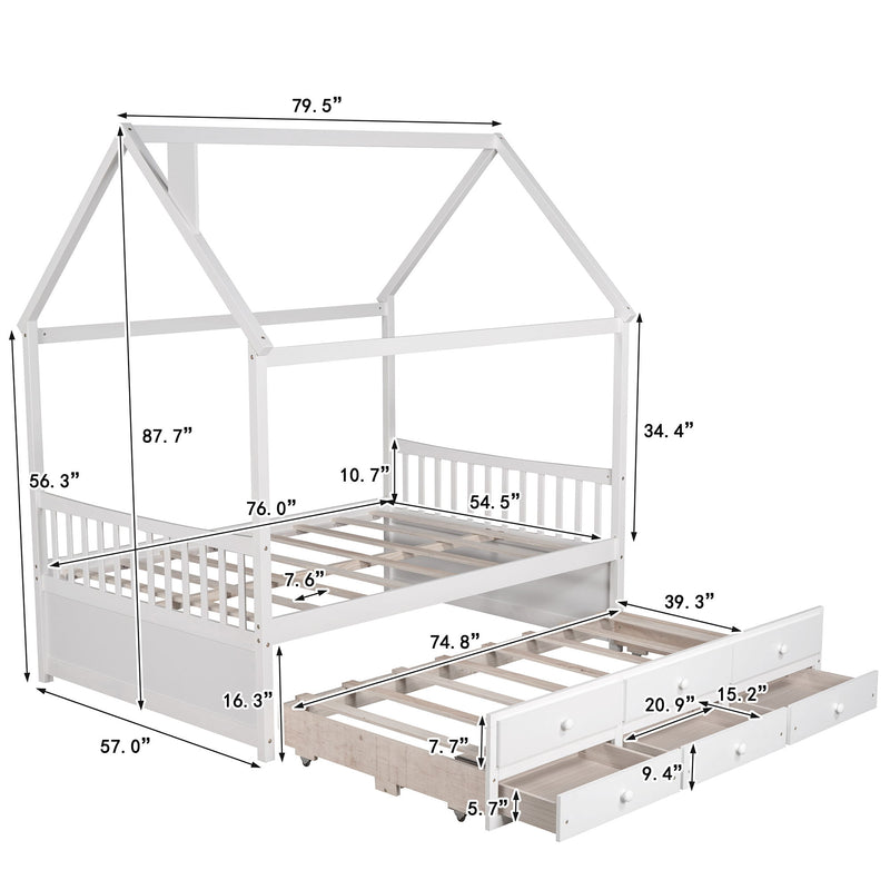 Full Size Wooden House Bed With Trundle And 3 Storage Drawers - White