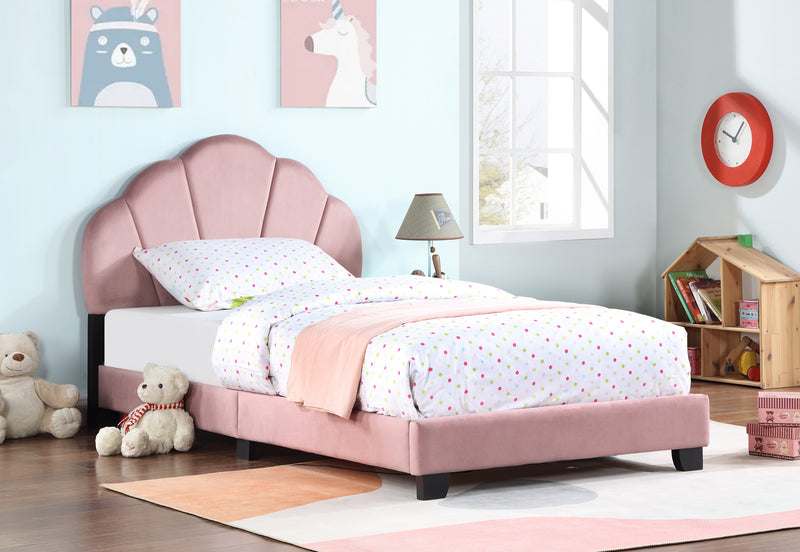 Upholstered Twin Size Platform Bed for Kids, with Slatted Bed Base, No Box Spring Needed, Pink color, Shell Design