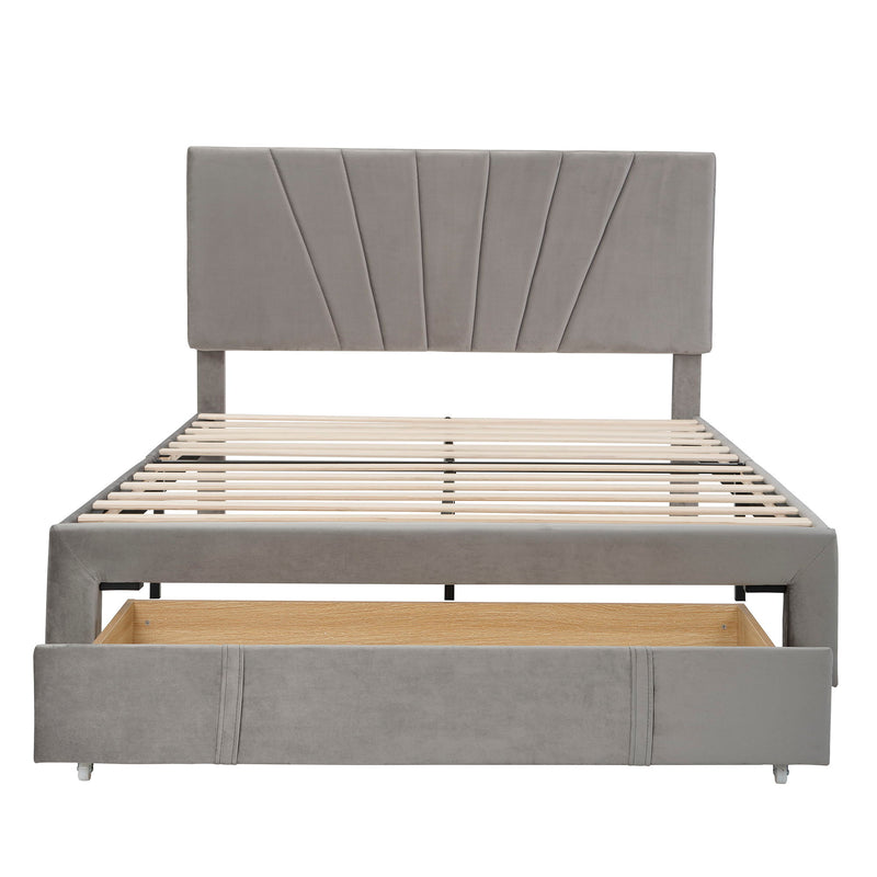 Queen Size Storage Bed Velvet Upholstered Platform Bed With A Big Drawer - Gray