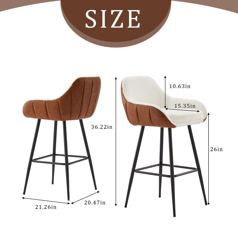 Modern Counter Height Bar Stools (Set of 2), Mid-Century Leather Upholstered Accent Arm Bar Stools, Leisure Side Chair With Metal Legs For Kitchen & Dining Room - Dark Brown / White