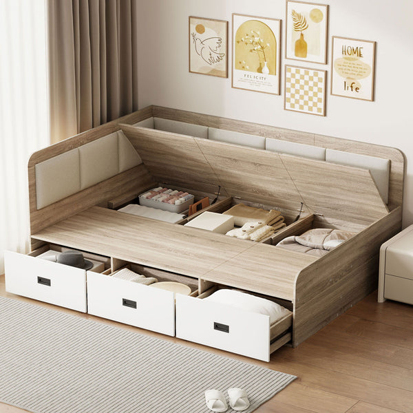 Full Size Daybed With Three Drawers And Three Storage Compartments - Nature / Beige