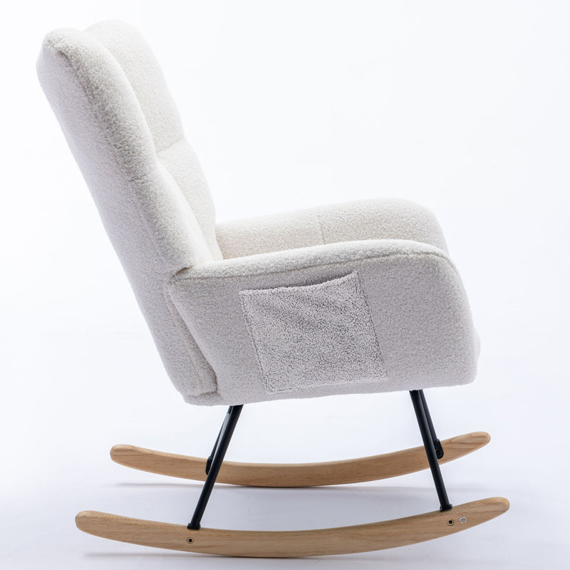 Rocking Chair With Pocket, Soft Teddy Fabric Rocking Chair For Nursery, Comfy Wingback Glider Rocker With Safe Solid Wood Base For Living Room