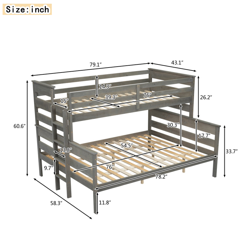 Wood Twin over Full Bunk Bed with Ladder, Gray