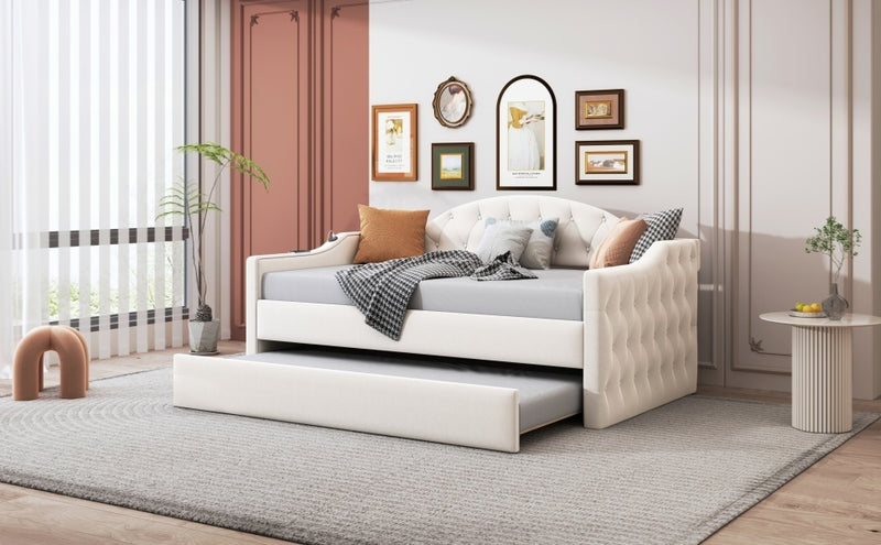 Twin Size Tufted Upholstered Daybed with Trundle ,Velvet Sofabed with USB&Type-C Charging Ports,No Box-spring Needed, Beige