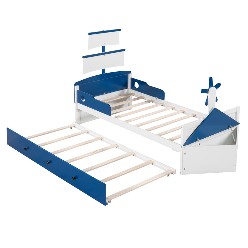 3-Pieces Bedroom Sets,Twin Size Boat-Shaped Platform Bed with  Trundle and Two Nightstands,White+Blue