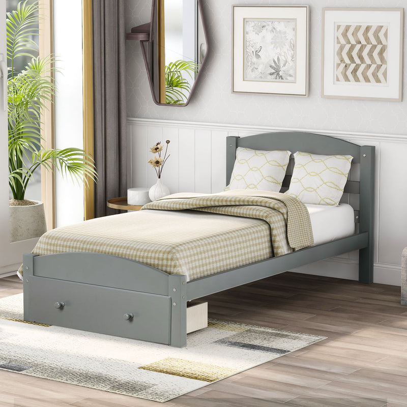 Twin Platform Bed Frame With Storage Drawer And Wood Slat Support No Box Spring Needed - Gray