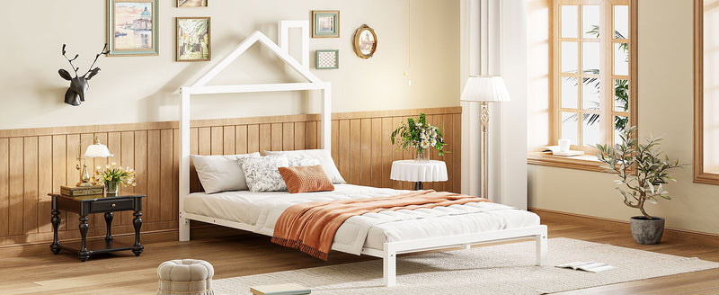 Twin Size Metal Platform Bed With House-Shaped Headboard Design