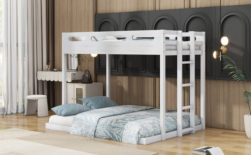 Twin over Full Bunk Bed with Built-in Ladder,White