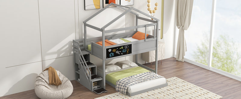 Twin over Full House Bunk Bed with Storage Staircase and Blackboard,Gray(Old SKU: GX001701AAE)