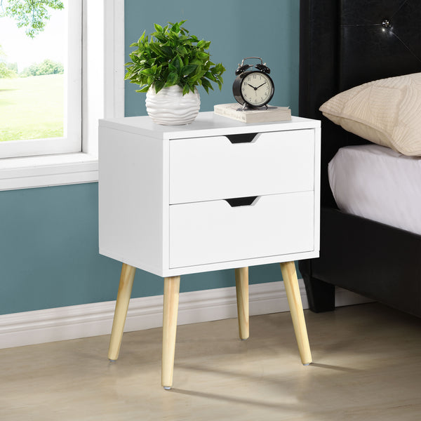 Side Table With 2 Drawer, Mid-Century Modern Storage Cabinet For Bedroom - White