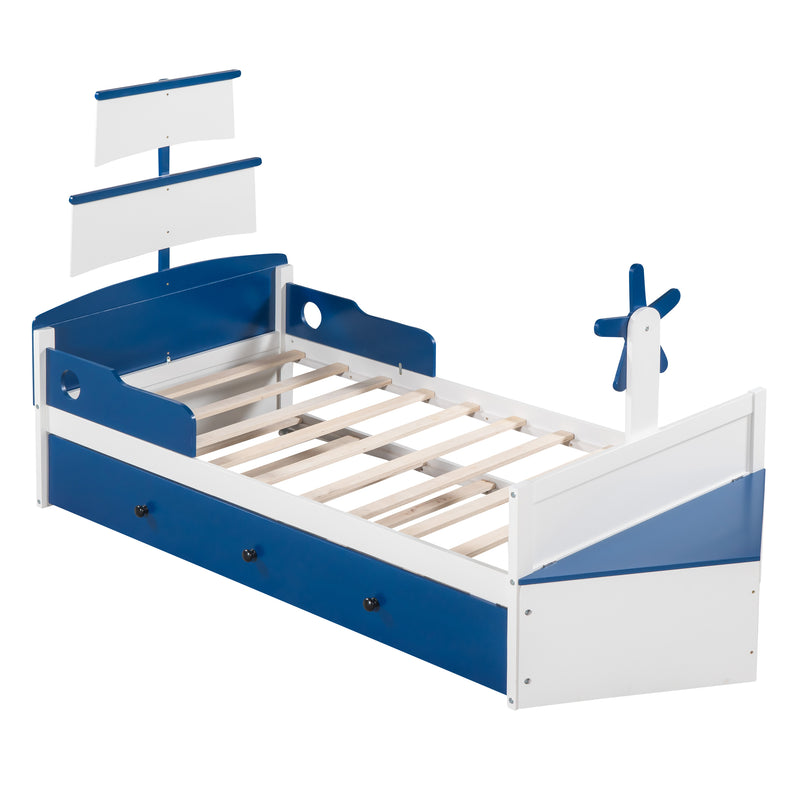 Twin Size Boat-Shaped Platform Bed with Twin size Trundle,Twin Bed with Storage for Bedroom,Blue