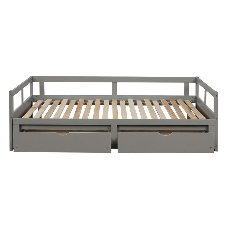 Wooden Daybed With Trundle Bed And Two Storage Drawers, Extendable Bed Daybed, Sofa Bed For Bedroom Living Room - Gray