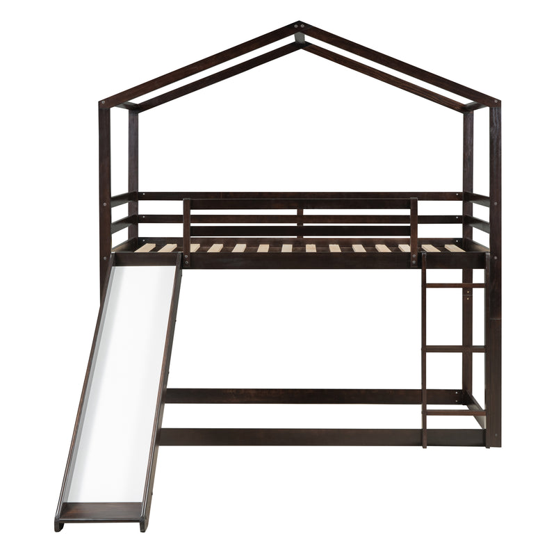 Twin Over Twin Bunk Bed with Roof, Slide and Ladder, Espresso