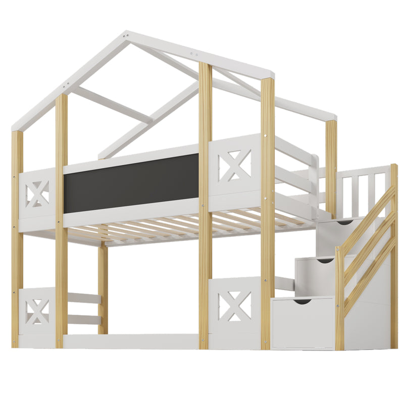 Twin over Twin House Bunk Bed with White Storage Staircase and Blackboards, White