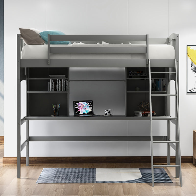 Twin size Loft Bed with Storage Shelves, Desk and Ladder, Gray(OLD SKU :LP000140EAA)