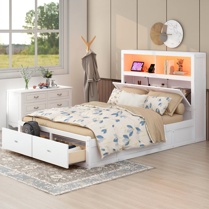 Wood Queen Size Hydraulic Platform Bed with Storage LED Headboard, Charging Station and 2 Drawers, White